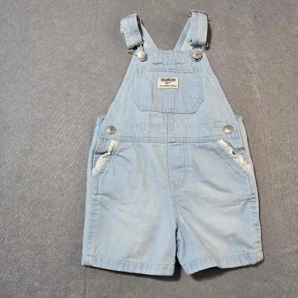 OshKosh Bgosh Toddler Girls Light Wash Denim Eyelet Lace Ruffle Overalls 2T